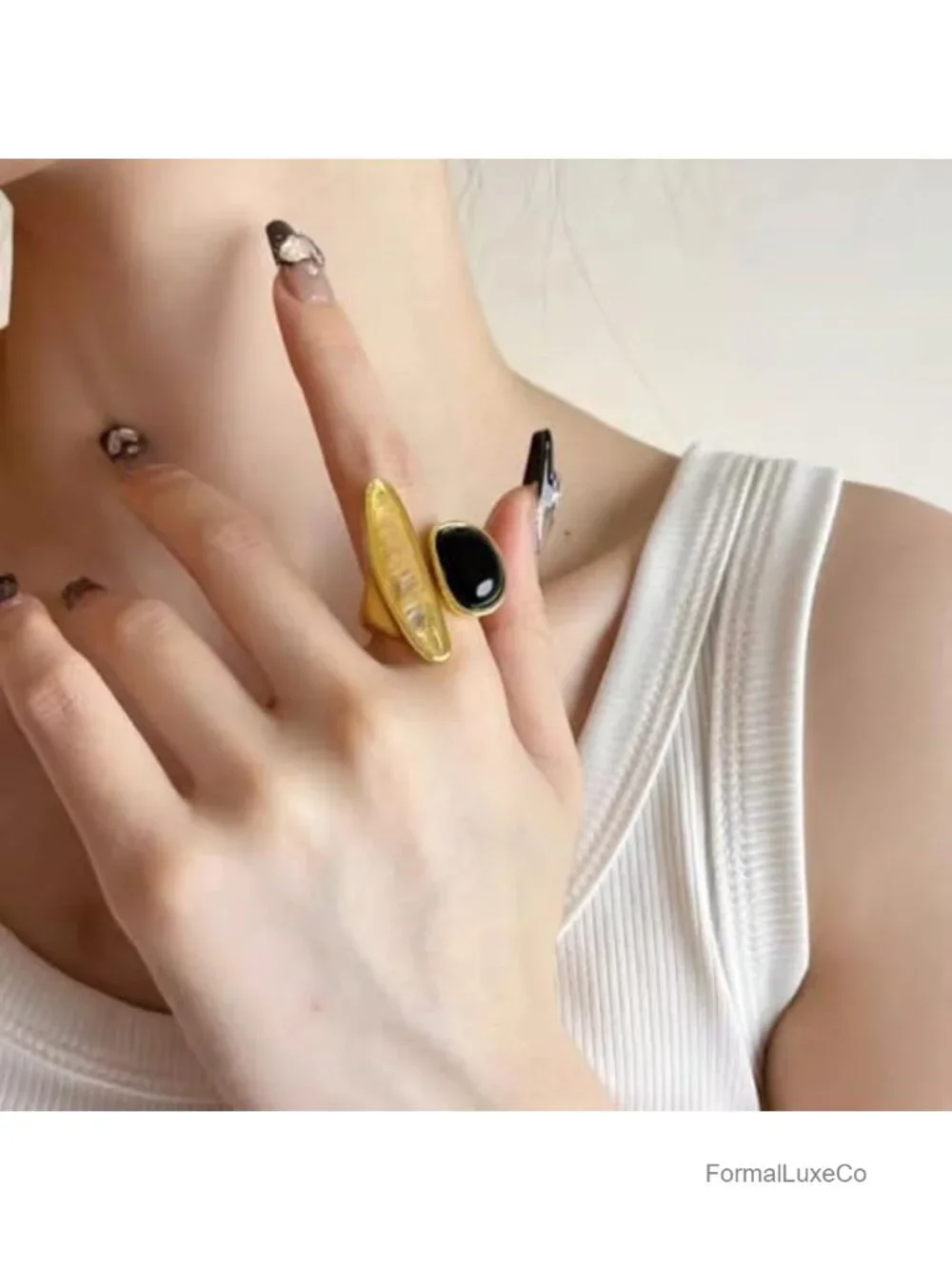 Black Agate Adjustable Open Wrap Ring Gold-Tone Plated Stackable Statement